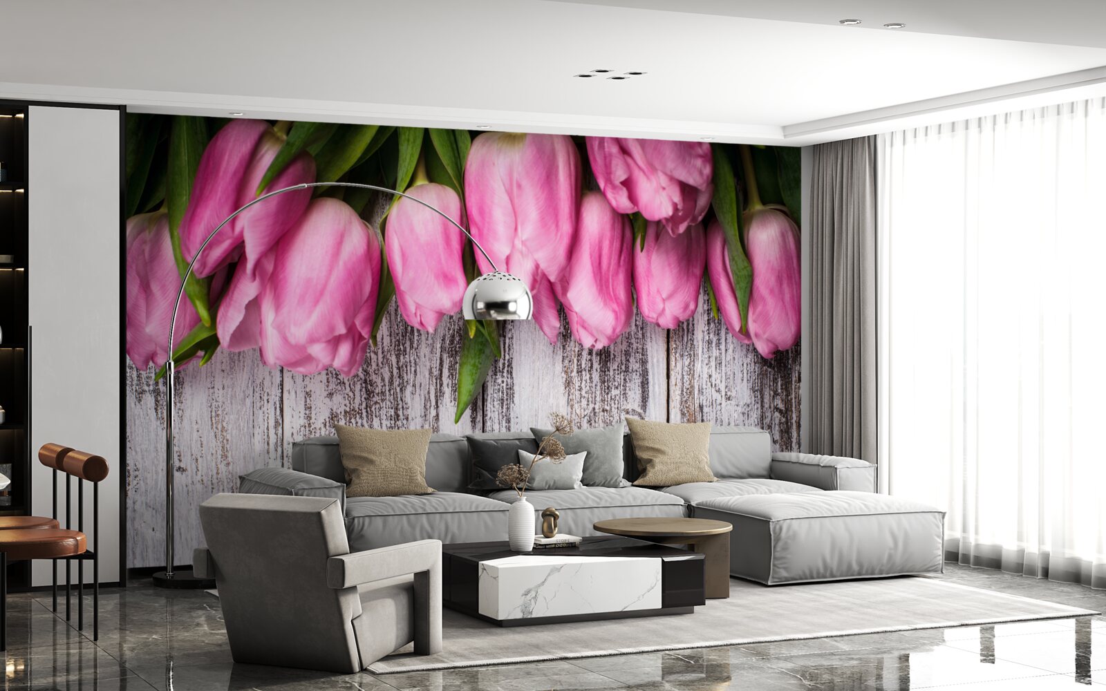 Fotobehang roze tulpen op een houten achtergrond
