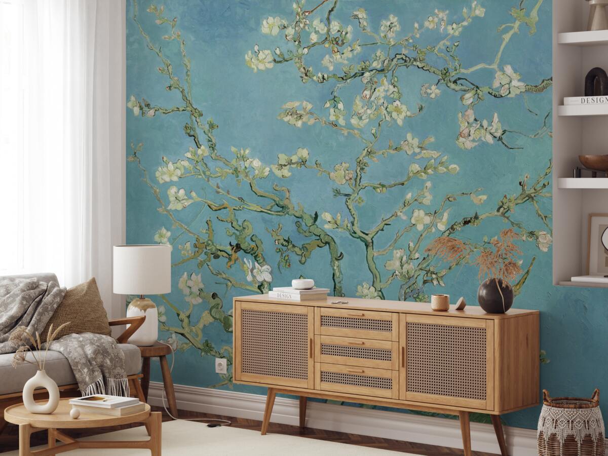 Fotobehang Sneeuwwitte magnolia tegen een azuurblauwe hemel