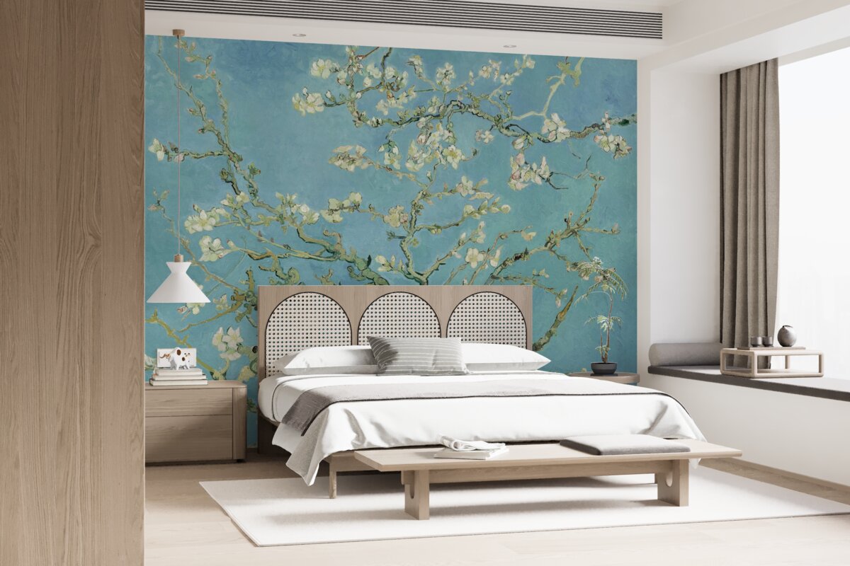 Fotobehang Sneeuwwitte magnolia tegen een azuurblauwe hemel