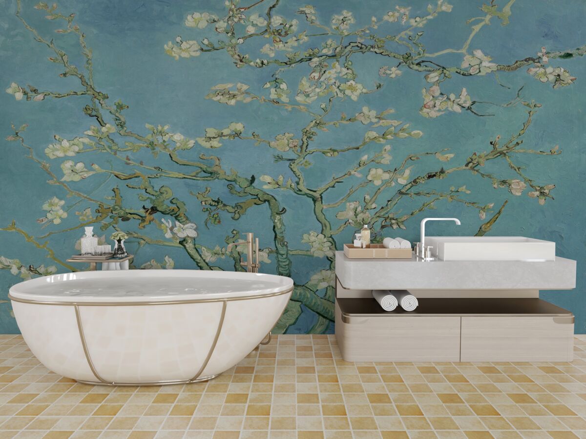 Fotobehang Sneeuwwitte magnolia tegen een azuurblauwe hemel