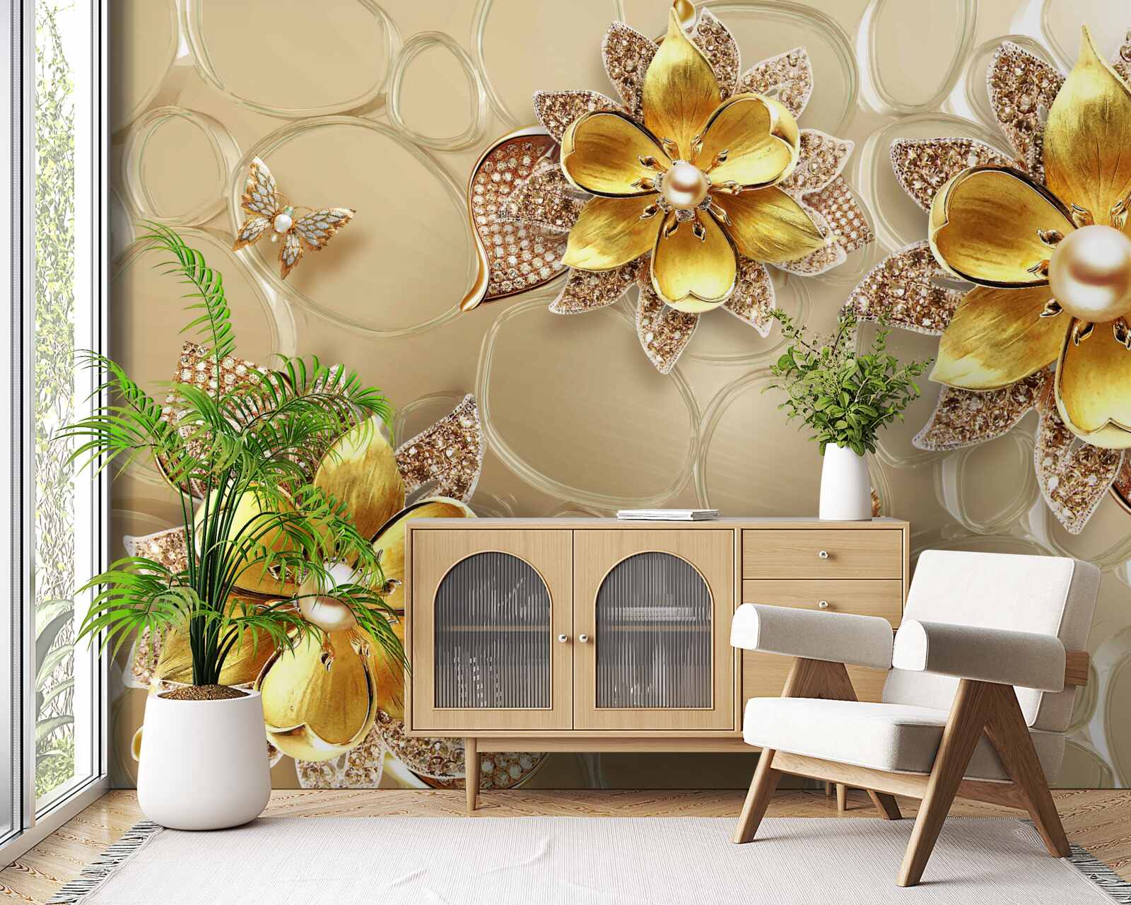 Fotobehang bloemen van goud, versierd met kristallen