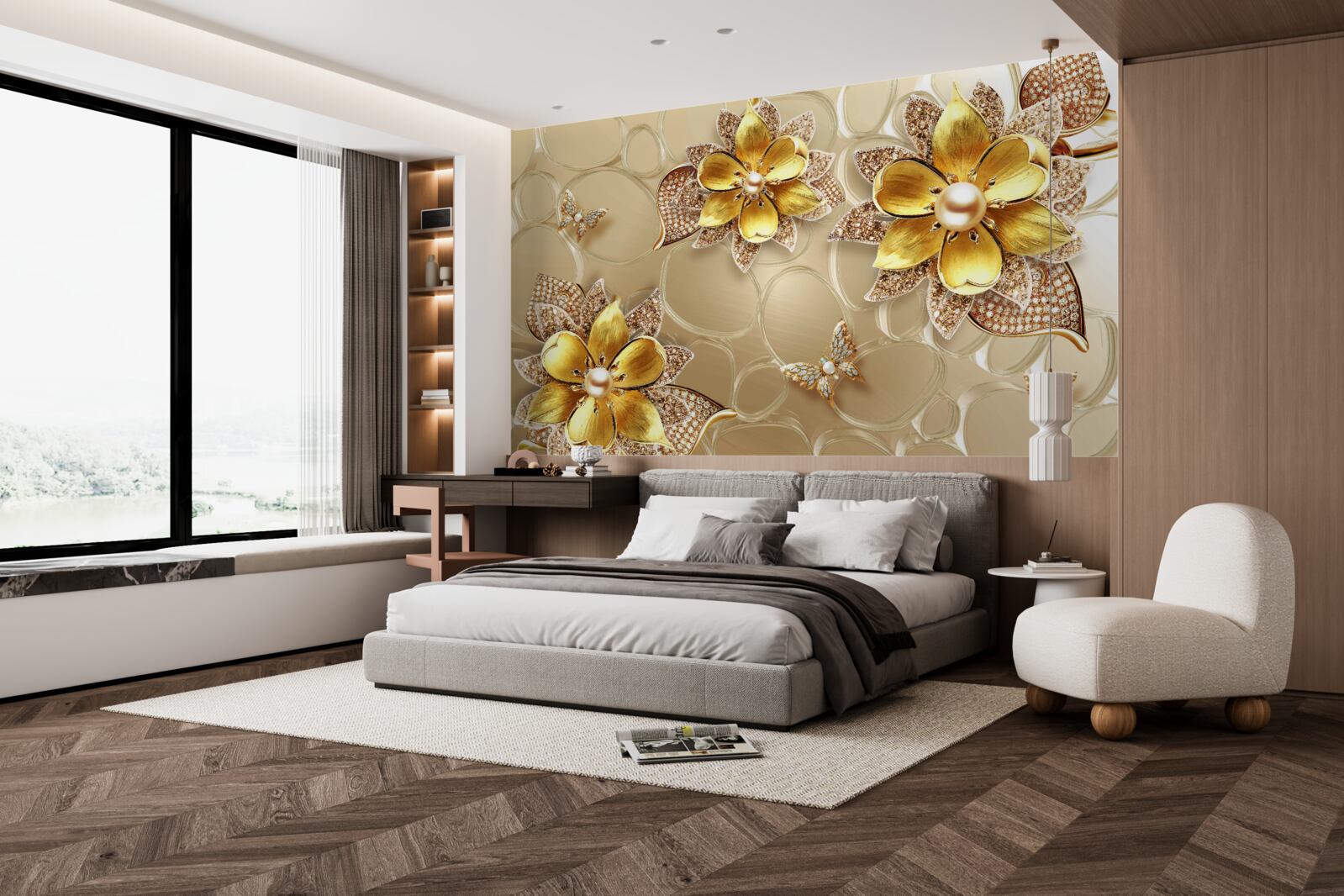 Fotobehang bloemen van goud, versierd met kristallen