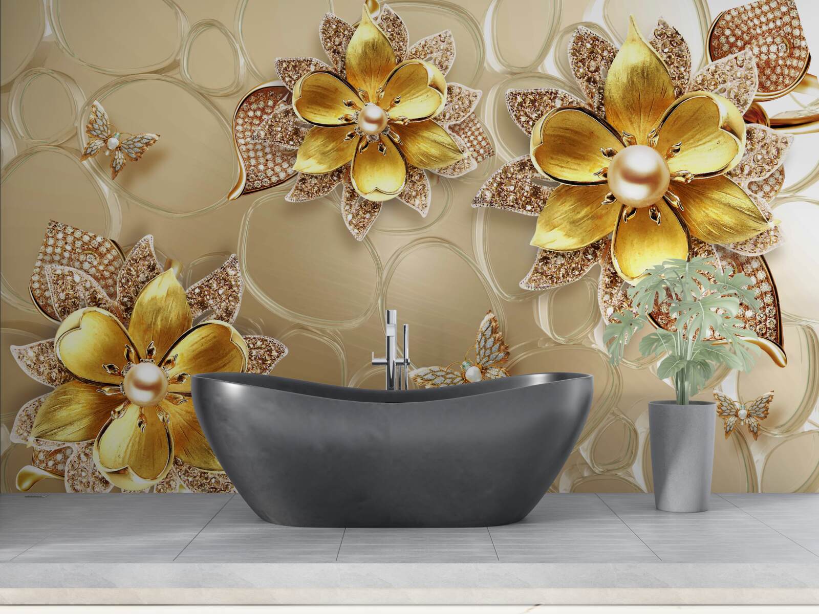 Fotobehang bloemen van goud, versierd met kristallen