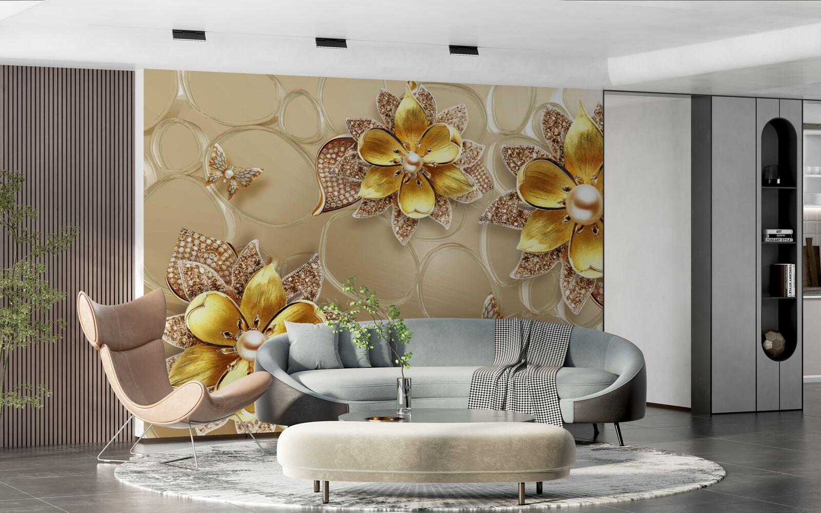 Fotobehang bloemen van goud, versierd met kristallen