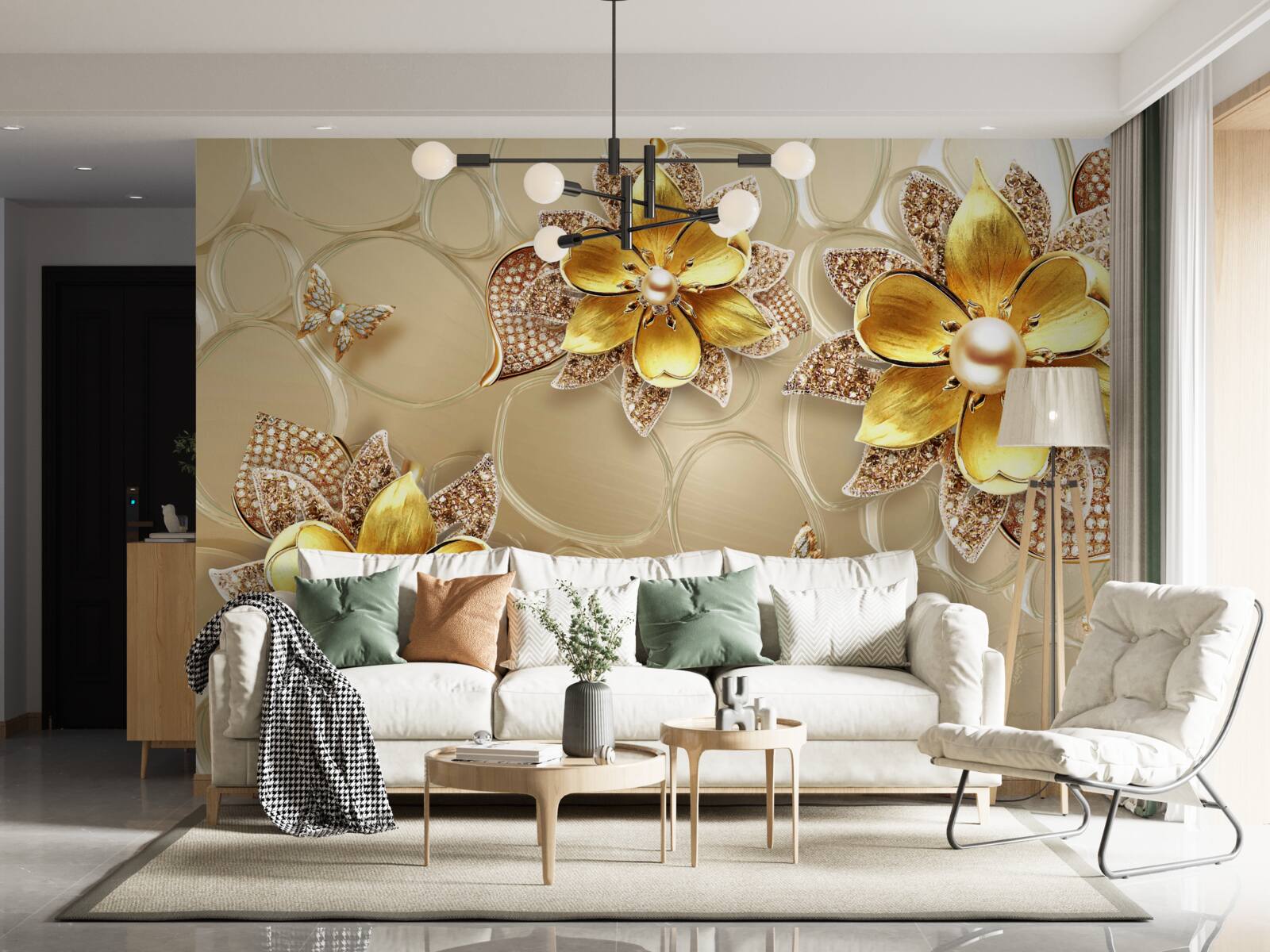 Fotobehang bloemen van goud, versierd met kristallen