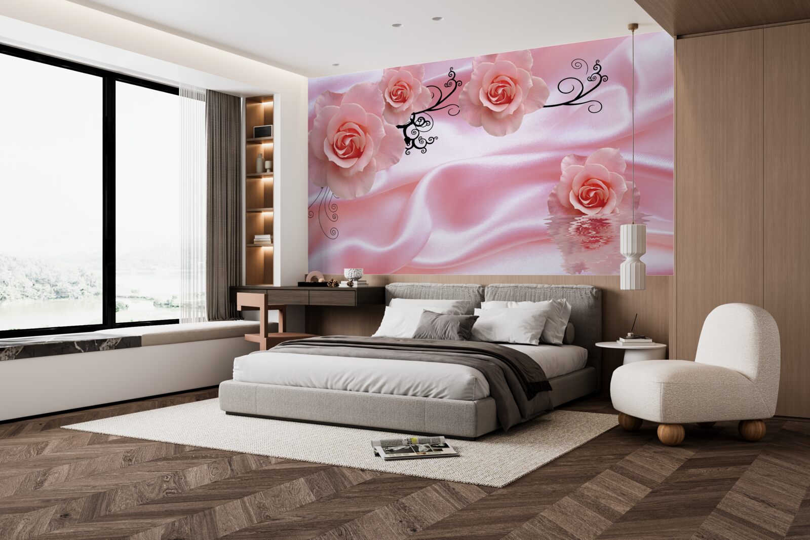 Fotobehang zachtroze bloemen op roze zijden stof