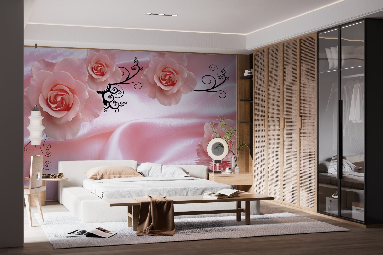 Fotobehang zachtroze bloemen op roze zijden stof