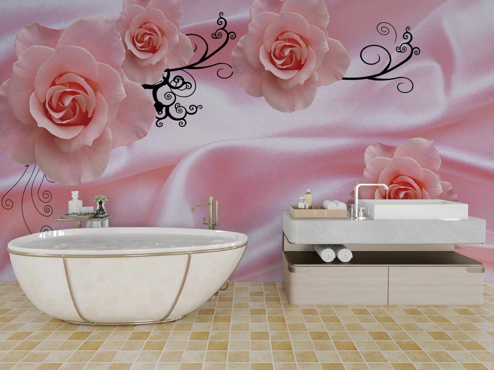 Fotobehang zachtroze bloemen op roze zijden stof