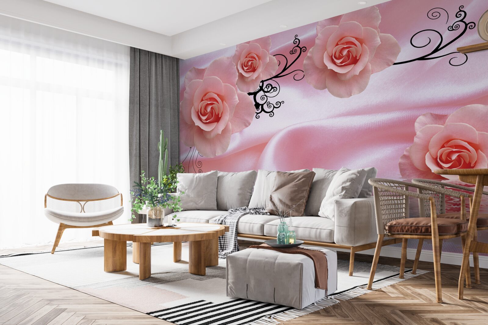 Fotobehang zachtroze bloemen op roze zijden stof