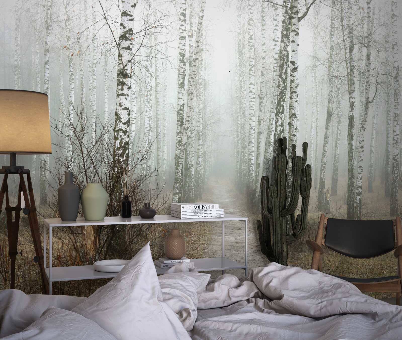 Fotobehang Een pad door een mistig bos vol berkenbomen