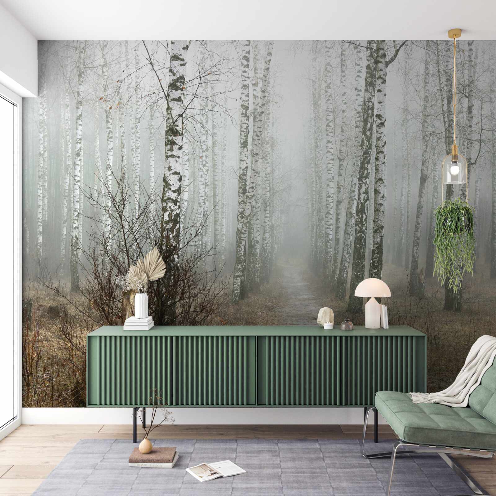 Fotobehang Een pad door een mistig bos vol berkenbomen