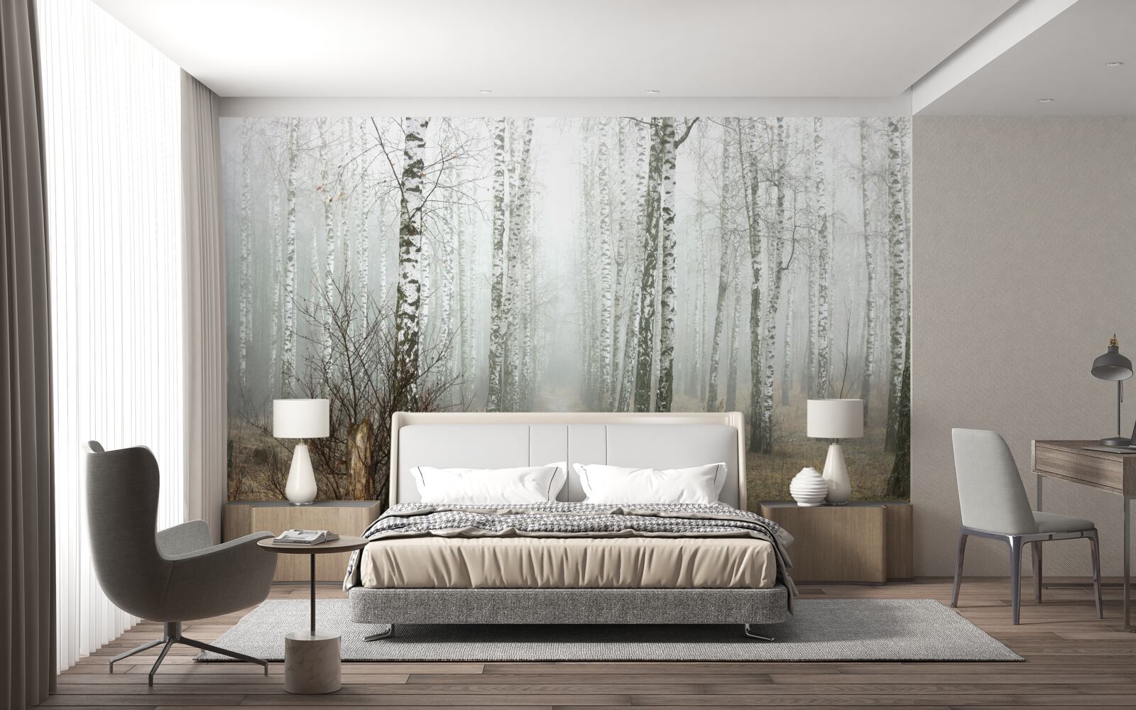 Fotobehang Een pad door een mistig bos vol berkenbomen