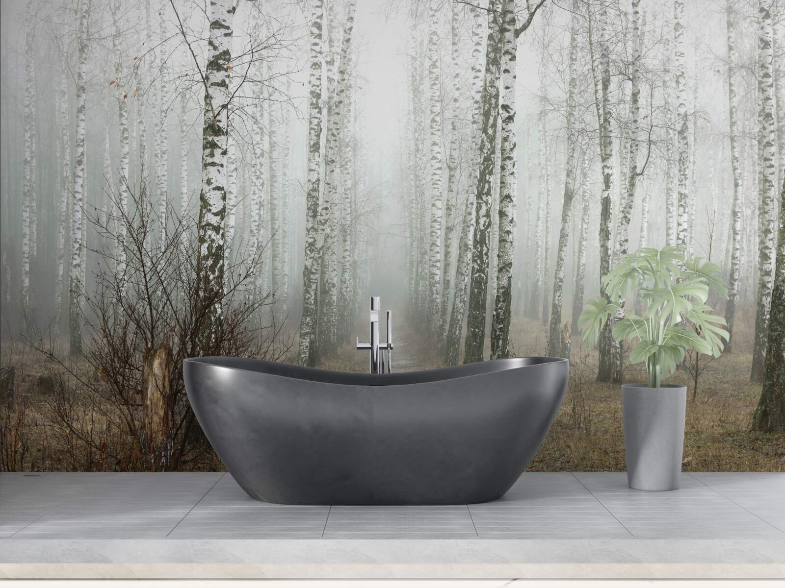 Fotobehang Een pad door een mistig bos vol berkenbomen