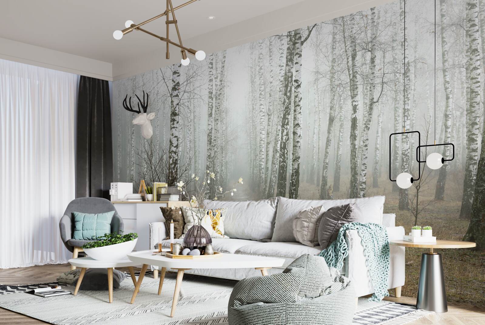 Fotobehang Een pad door een mistig bos vol berkenbomen