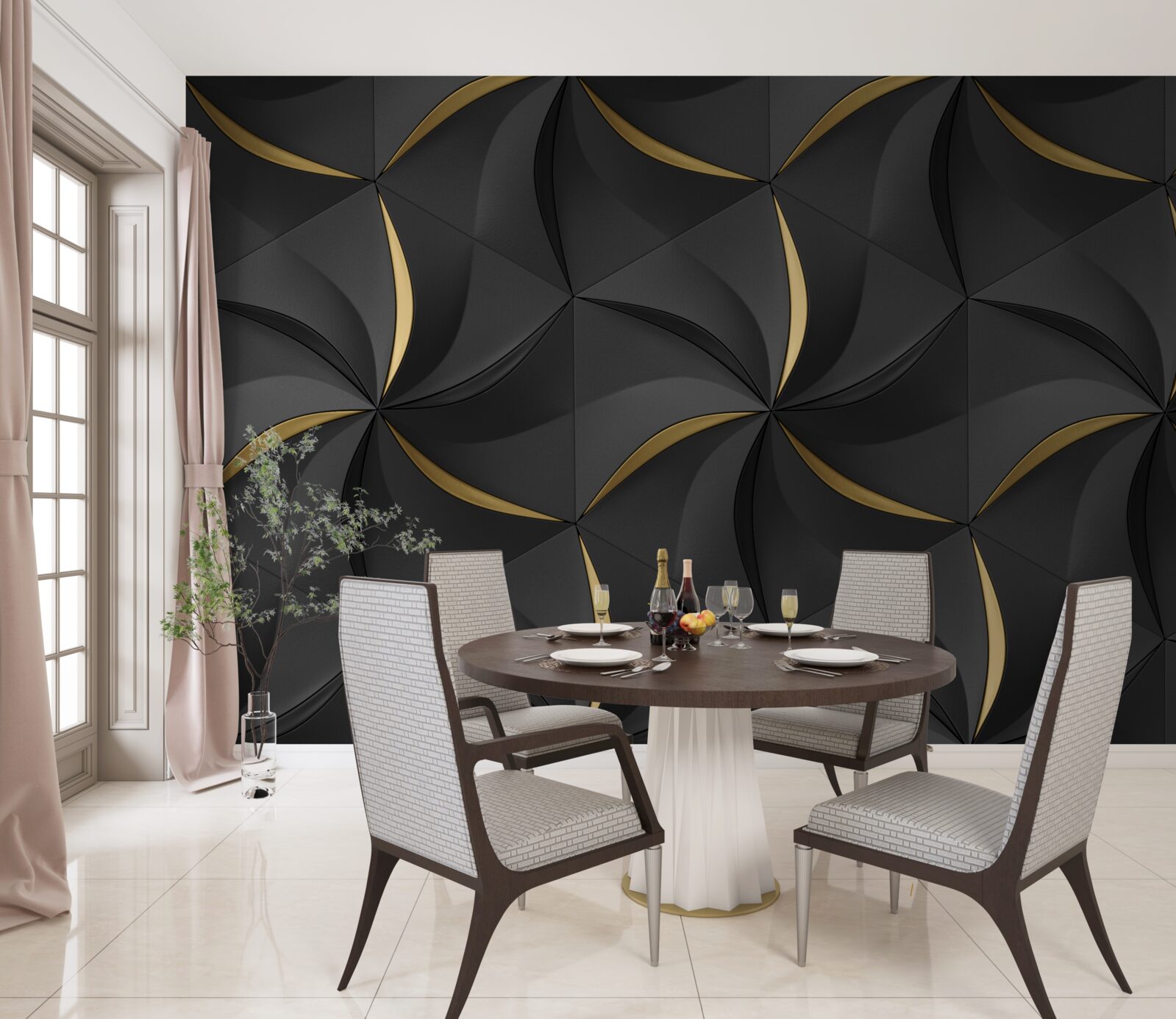 Fotobehang gouden spiralen op zwarte achtergrond