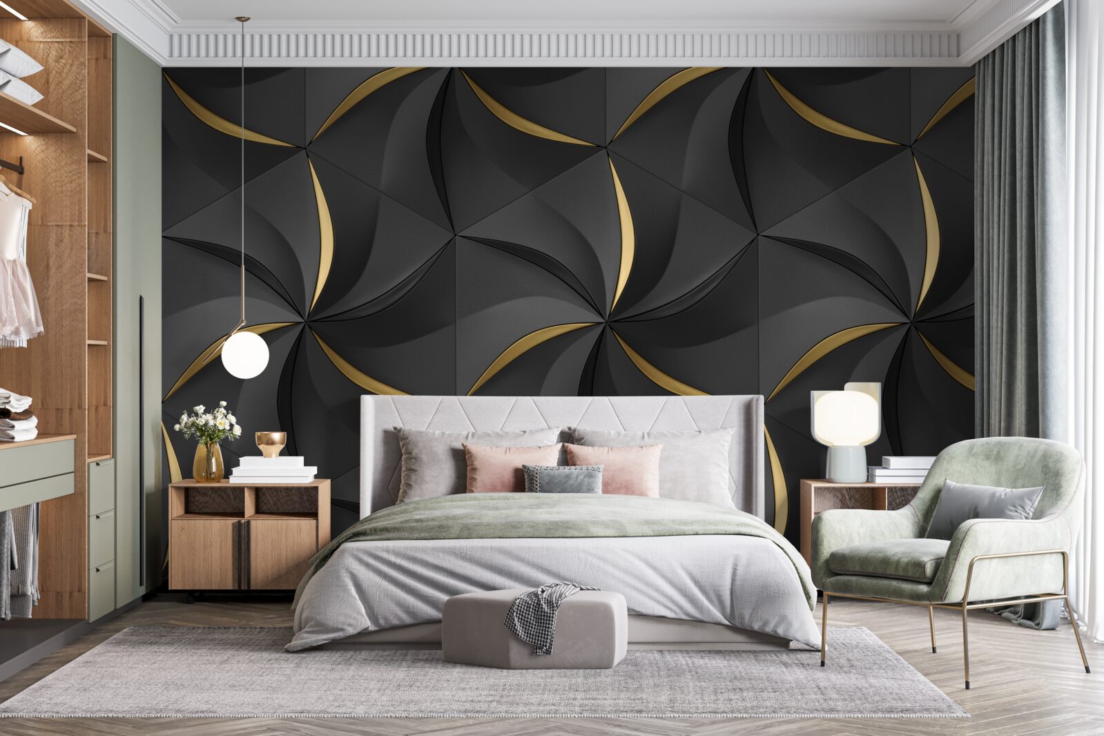 Fotobehang gouden spiralen op zwarte achtergrond