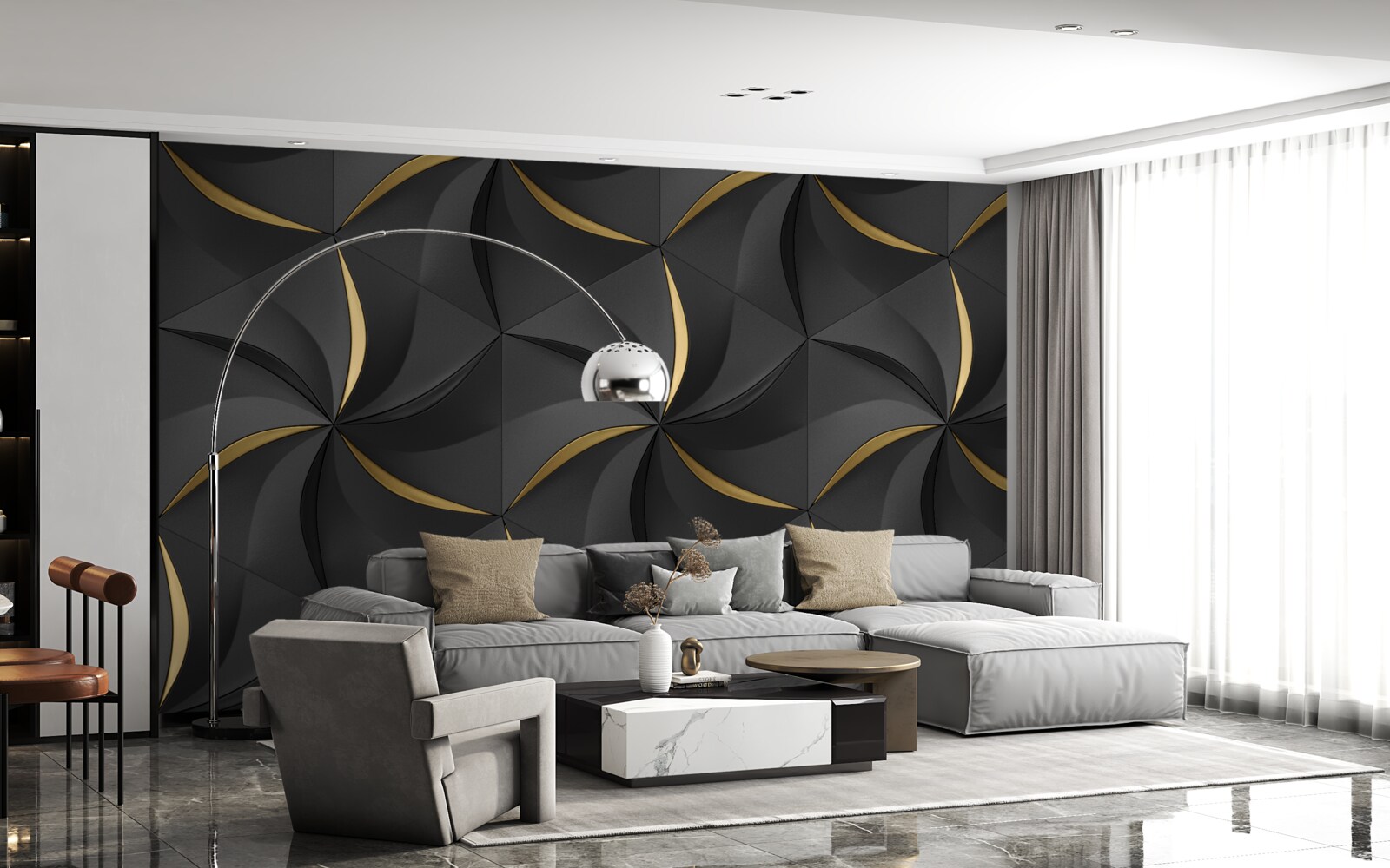 Fotobehang gouden spiralen op zwarte achtergrond