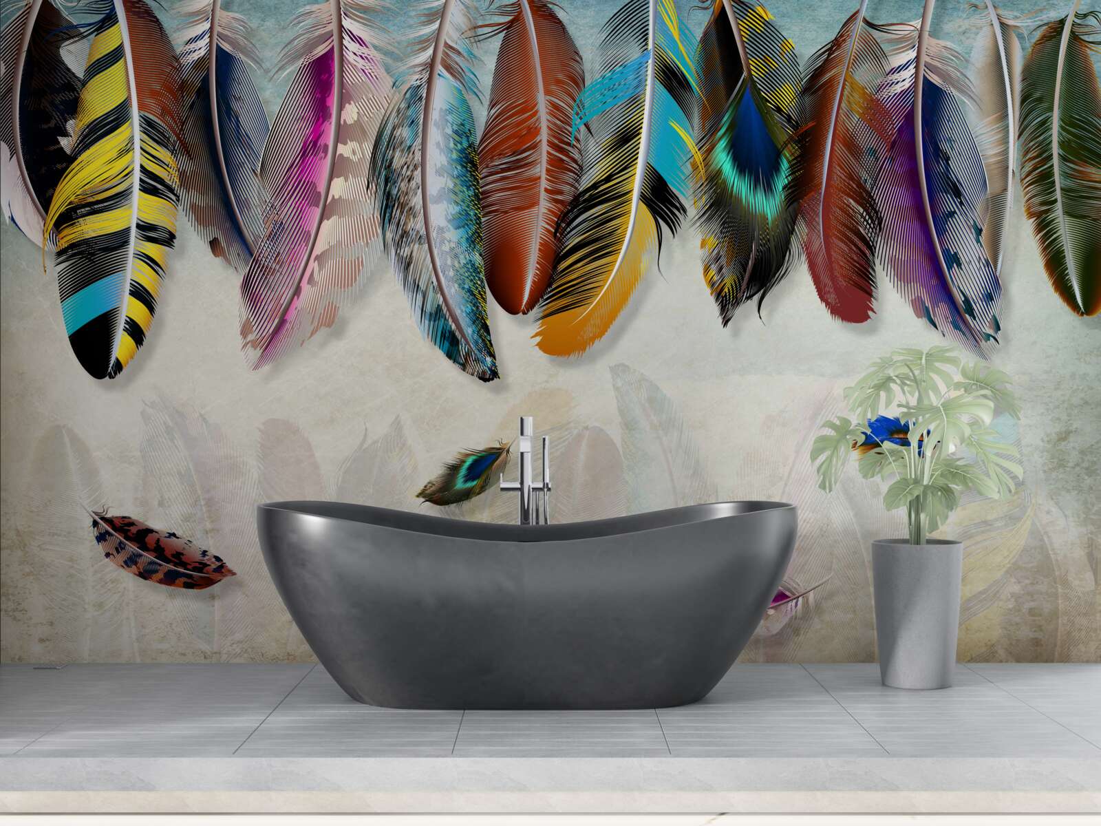 Fotobehang stijlvol, designer helder verenkleed