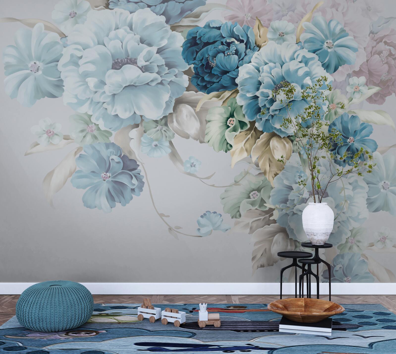 Fotobehang de compositie bevat lila en blauwe bloemen