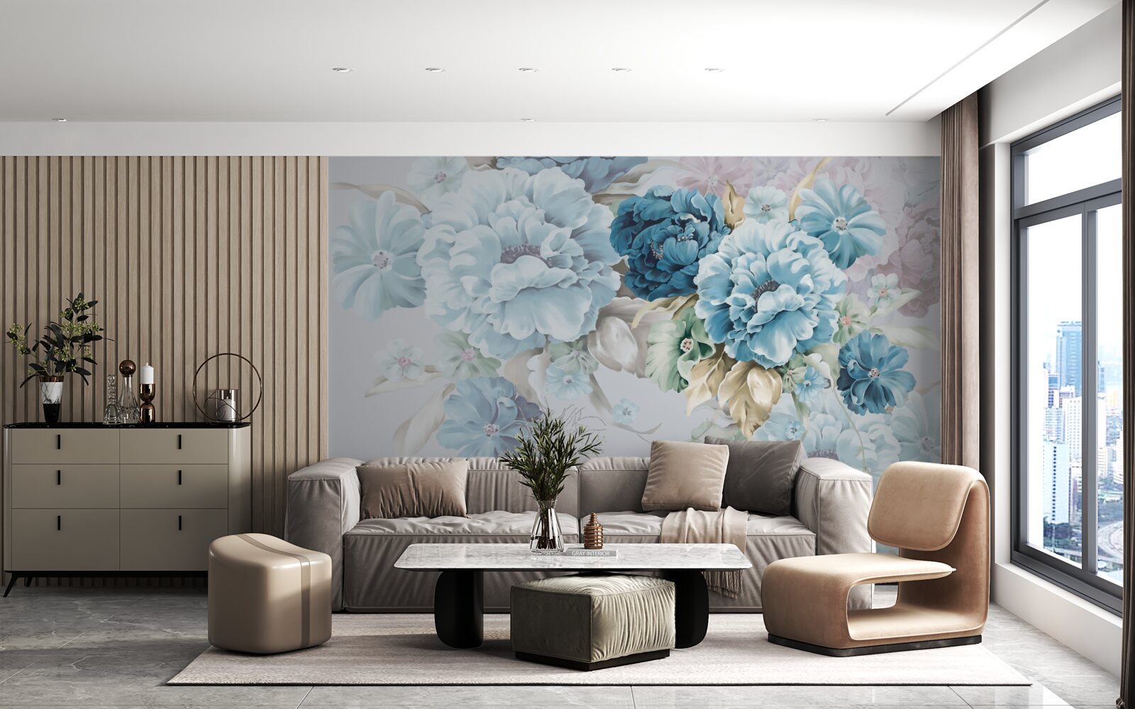 Fotobehang de compositie bevat lila en blauwe bloemen