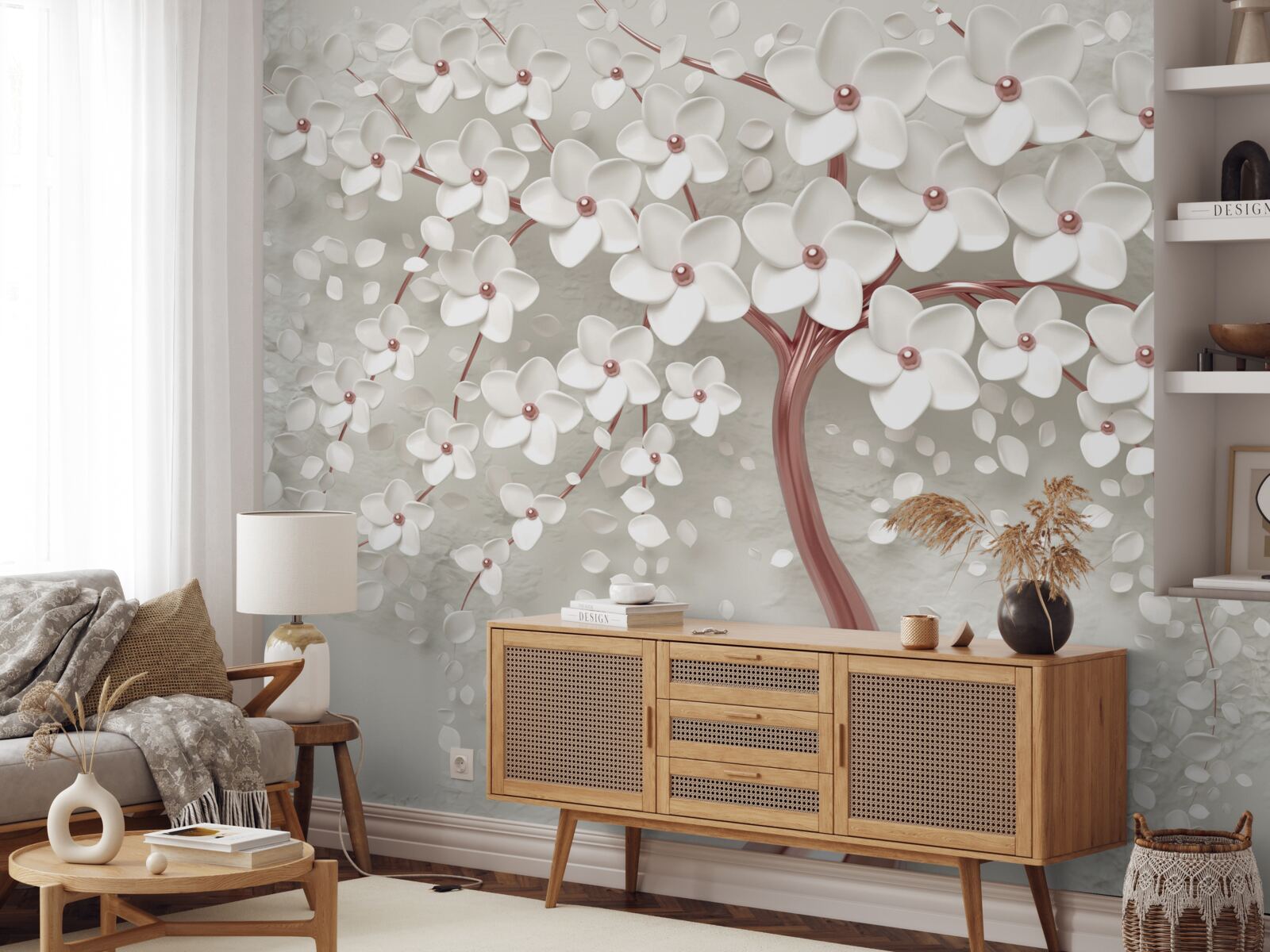 Fotobehang witbloeiende boom, rijkbloeiend