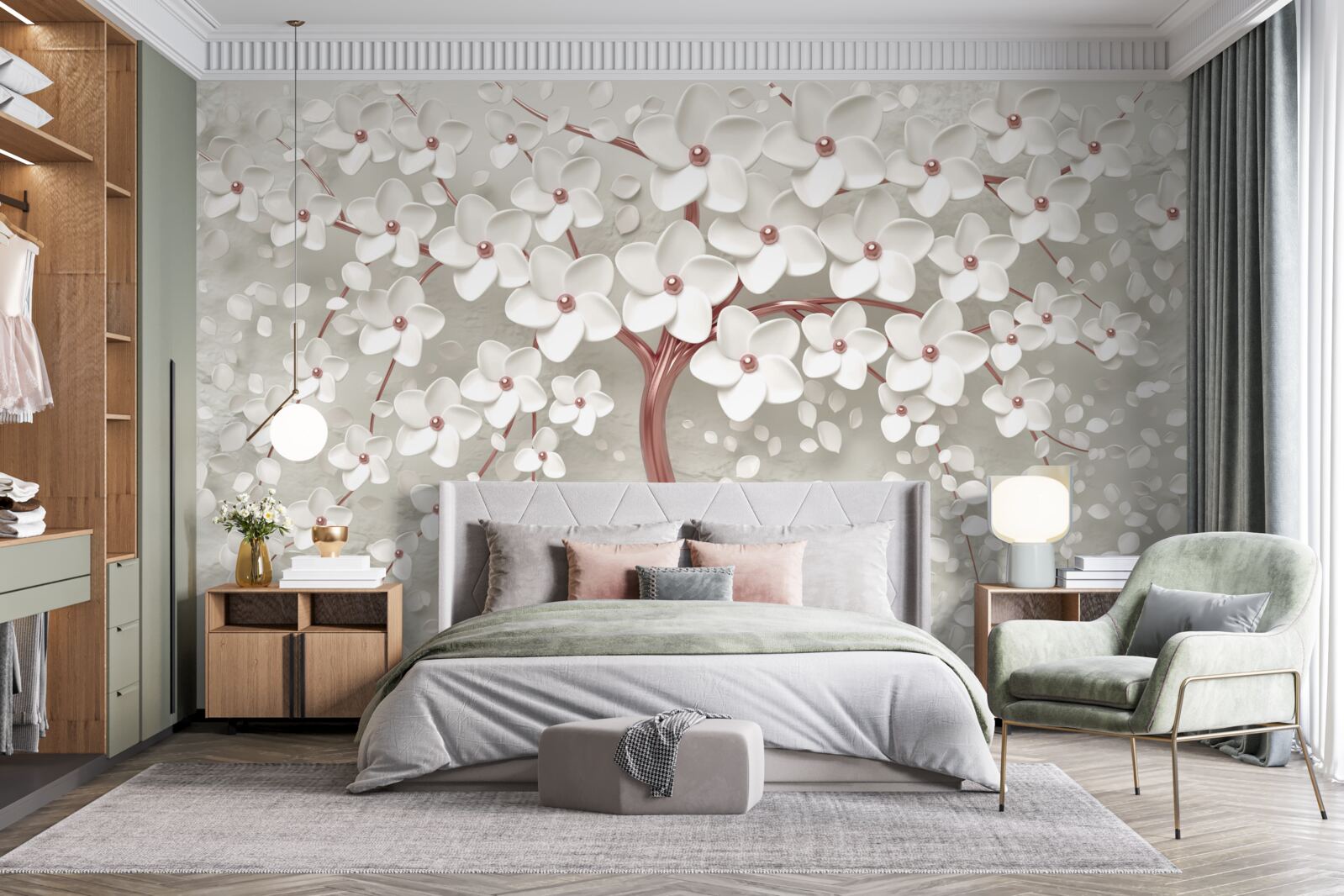 Fotobehang witbloeiende boom, rijkbloeiend