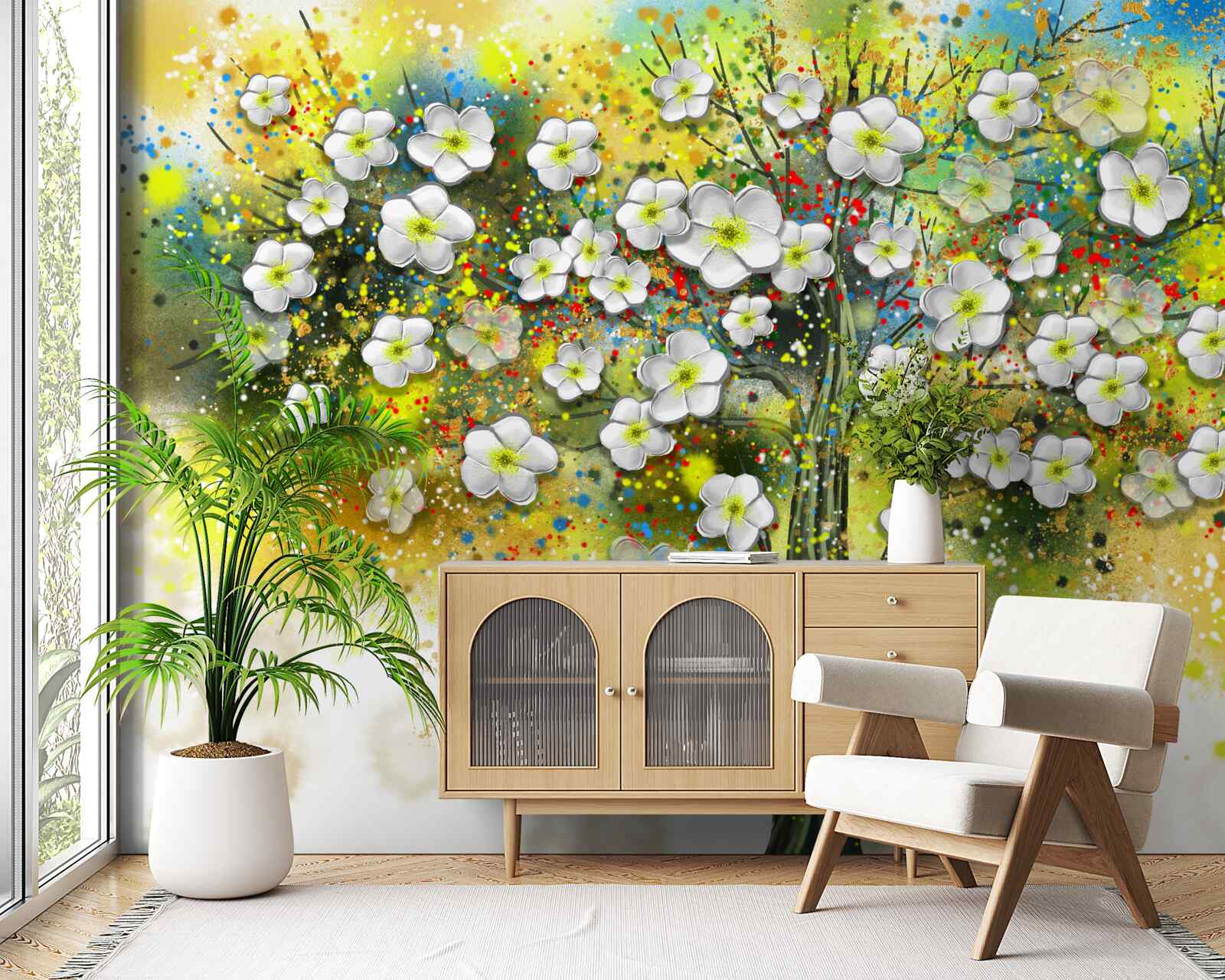 Fotobehang bloeiende, sappige groene boom