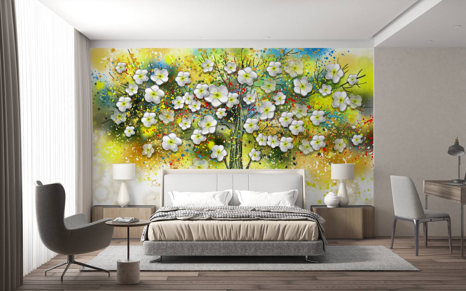 Fotobehang bloeiende, sappige groene boom