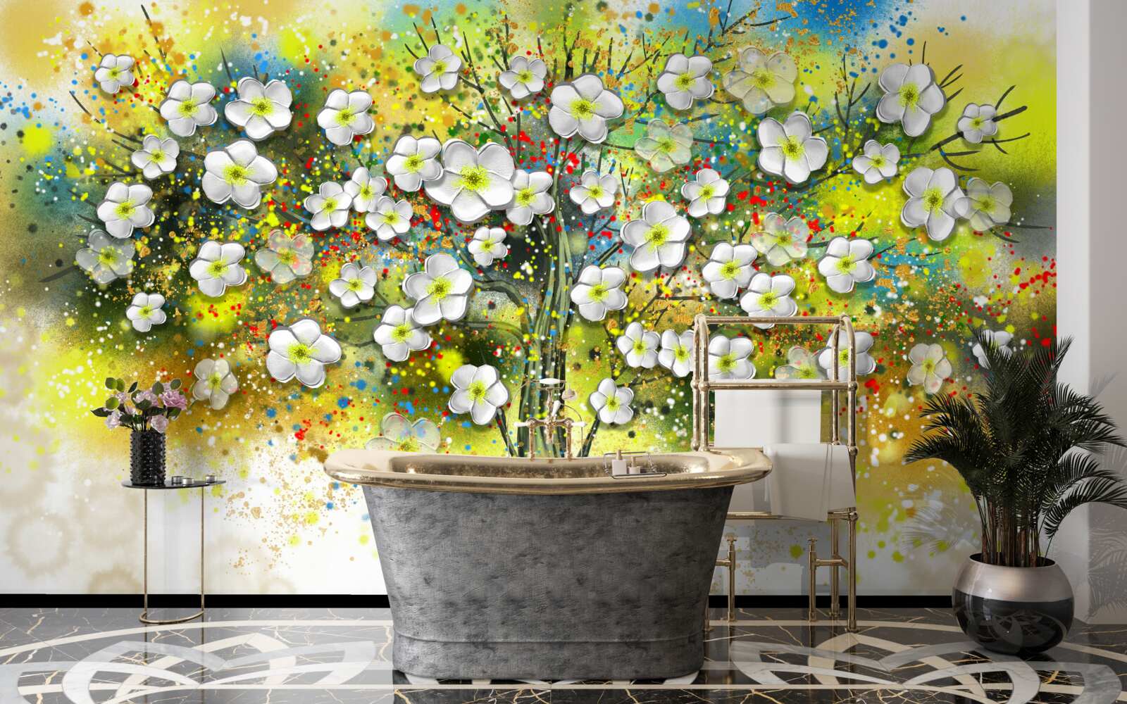 Fotobehang bloeiende, sappige groene boom