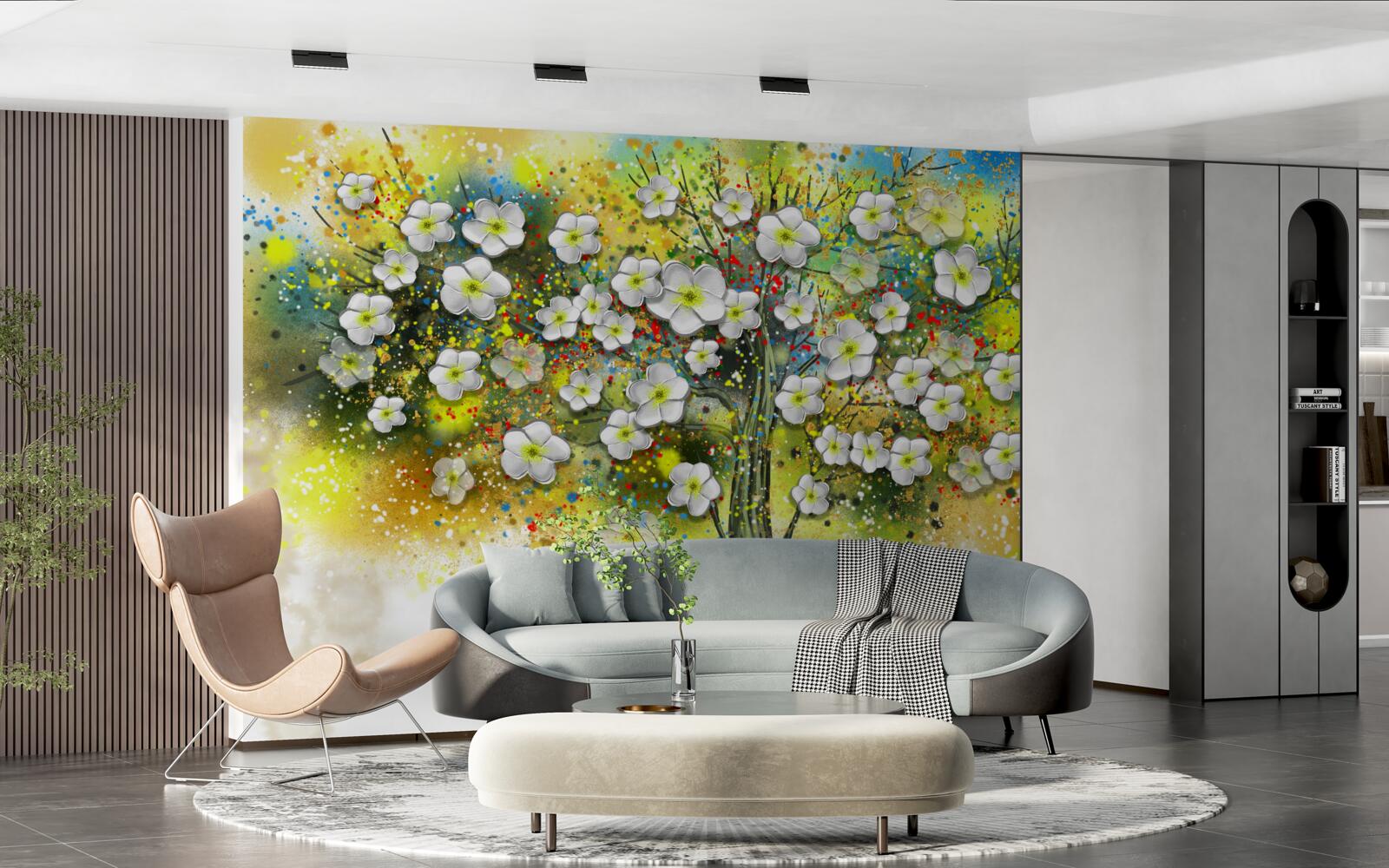 Fotobehang bloeiende, sappige groene boom