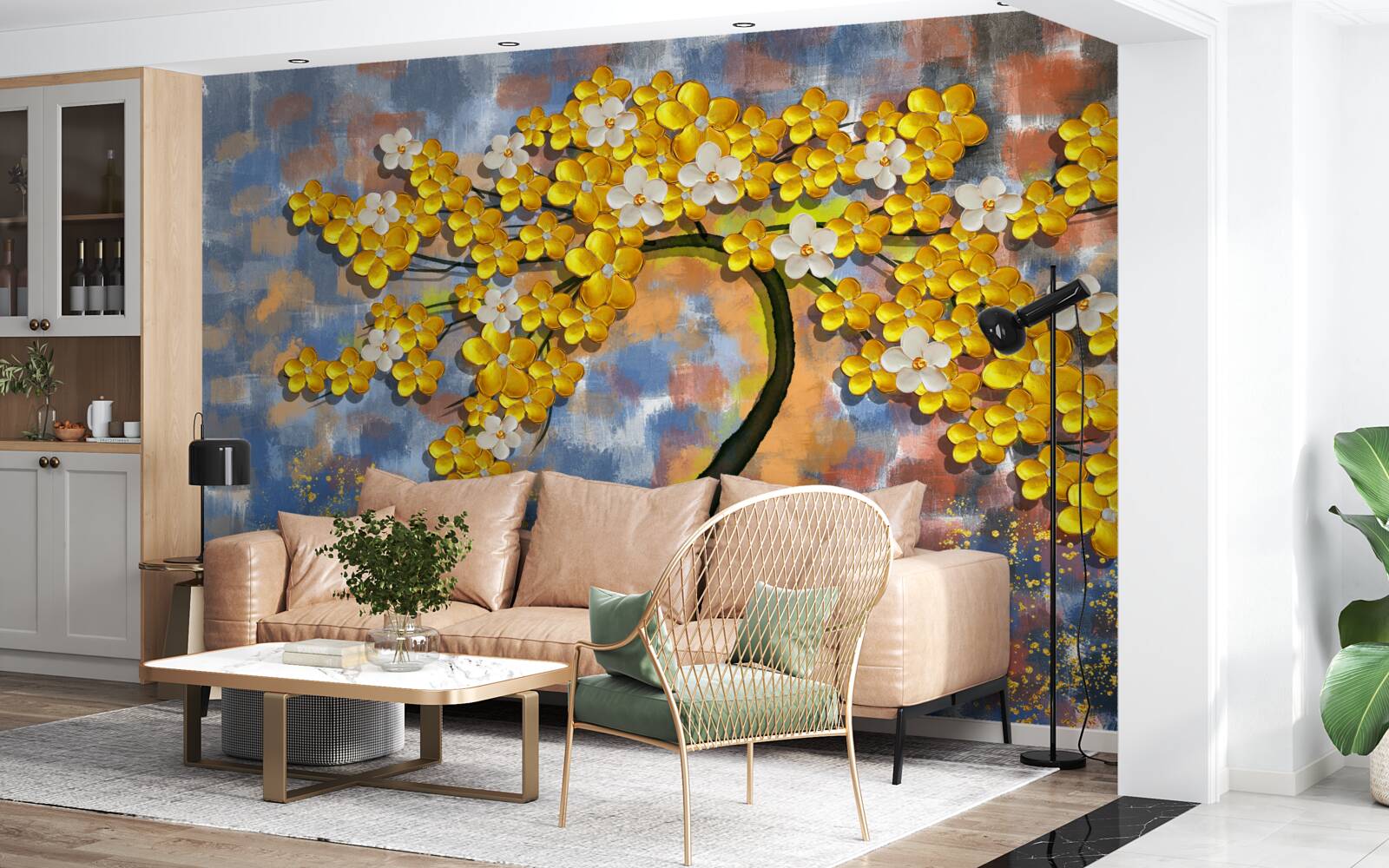 Fotobehang gele herfsttinten op boomtakken