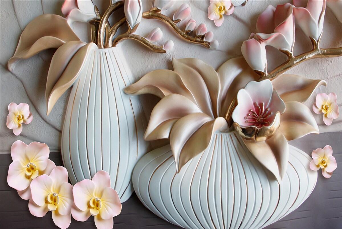 Fotobehang diverse witte orchideeënvazen