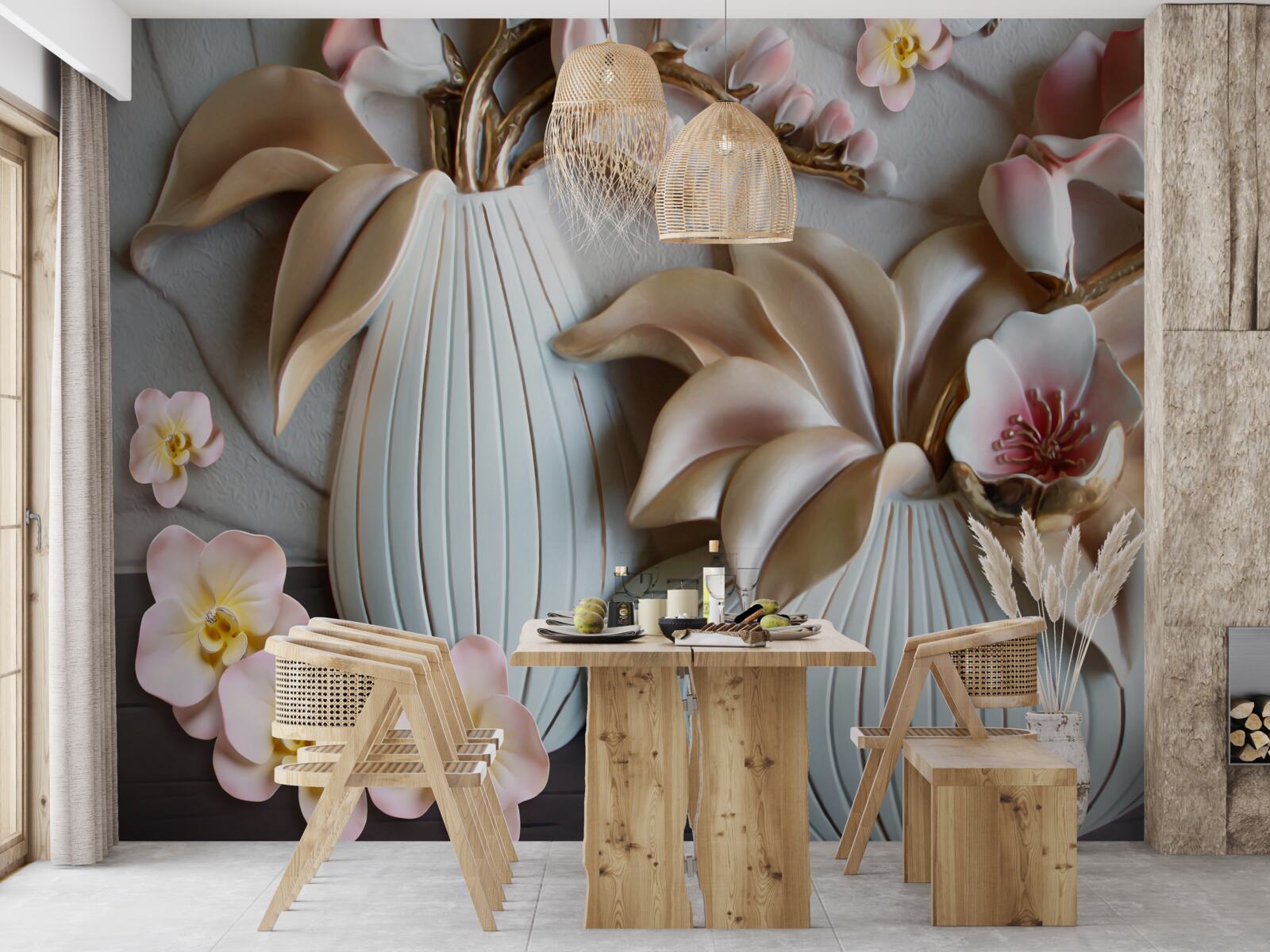 Fotobehang diverse witte orchideeënvazen