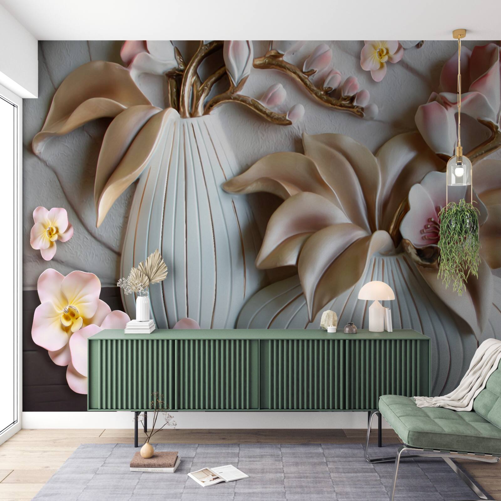 Fotobehang diverse witte orchideeënvazen