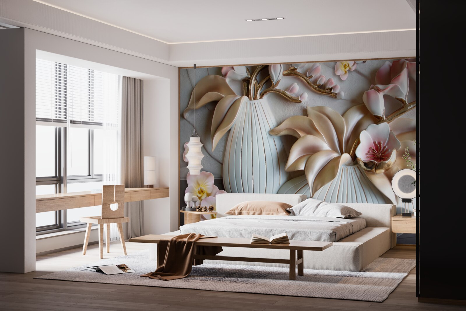 Fotobehang diverse witte orchideeënvazen