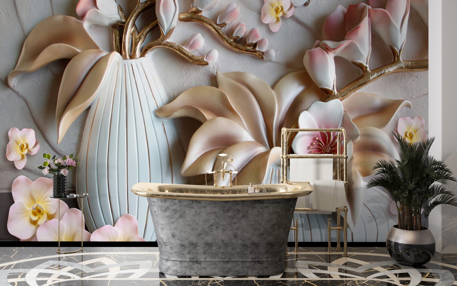 Fotobehang diverse witte orchideeënvazen