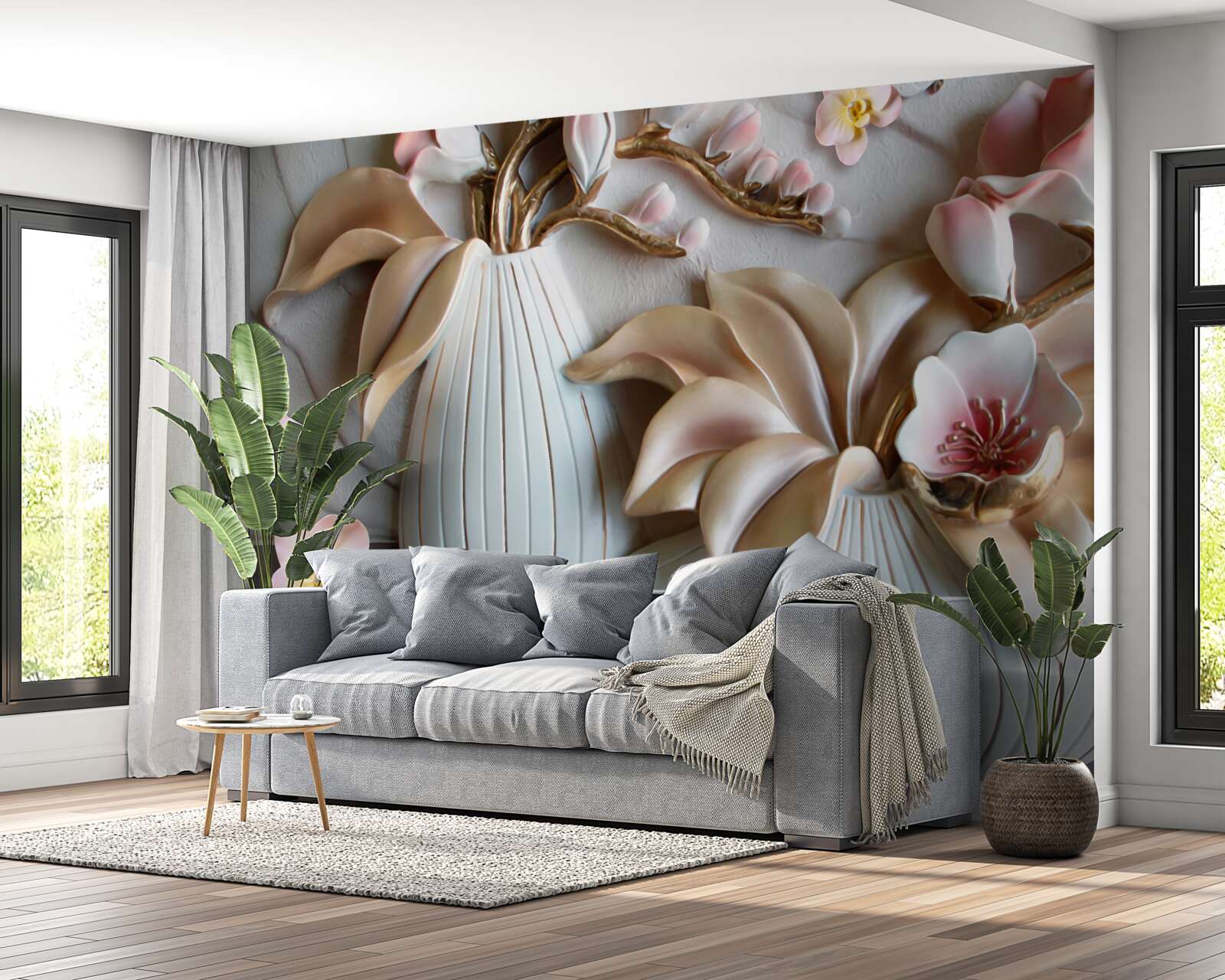 Fotobehang diverse witte orchideeënvazen
