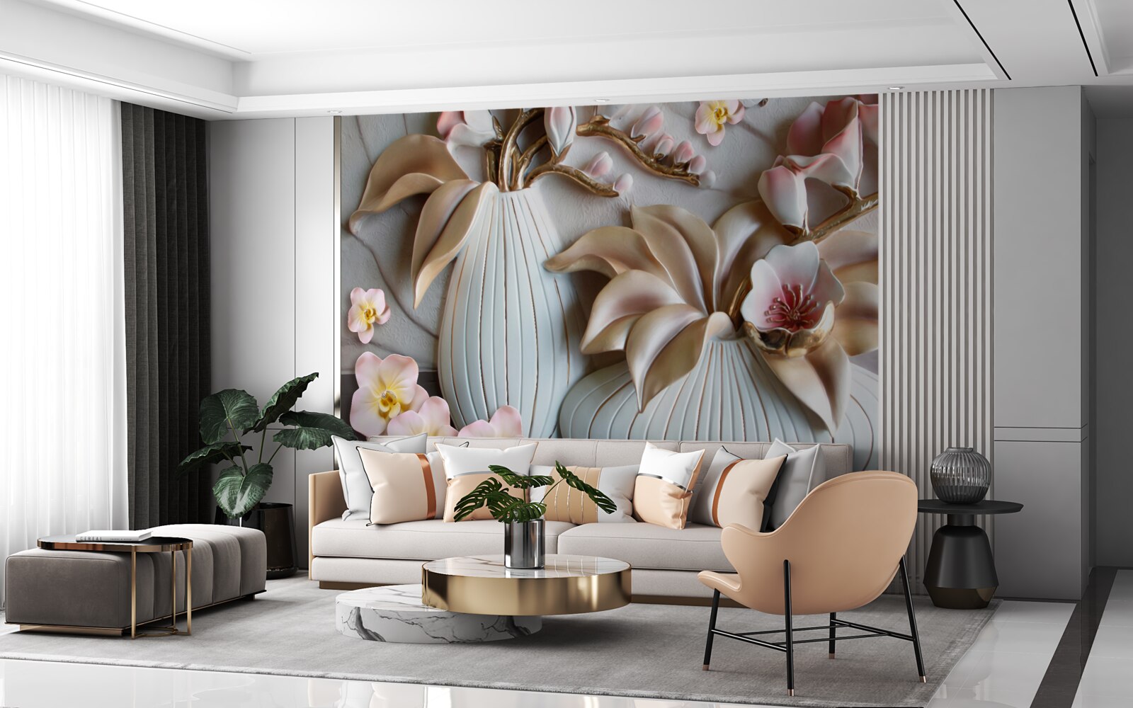 Fotobehang diverse witte orchideeënvazen