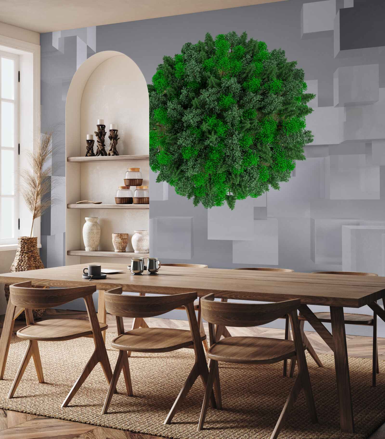 Fotobehang geometrische kaart bedekt met een groene mantel van planten