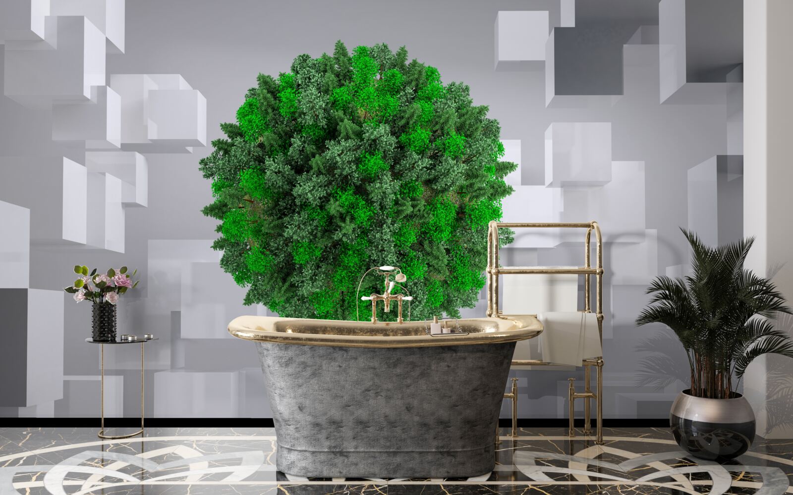 Fotobehang geometrische kaart bedekt met een groene mantel van planten