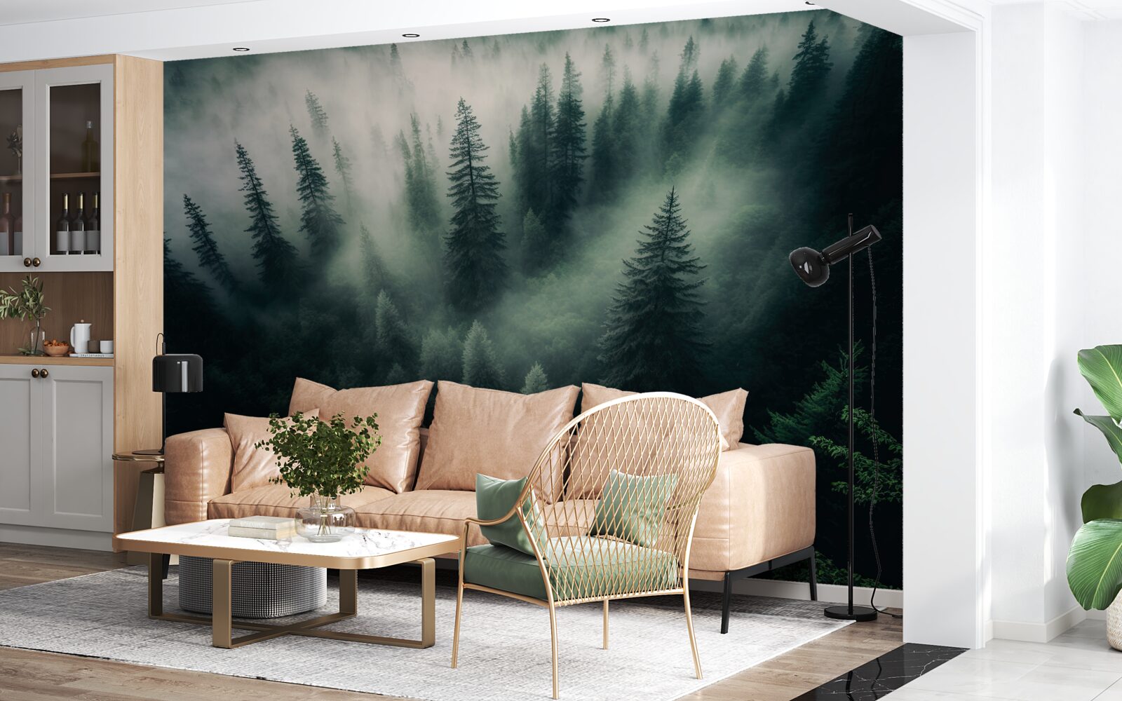 Fotobehang mist in een sombere dennenhoek