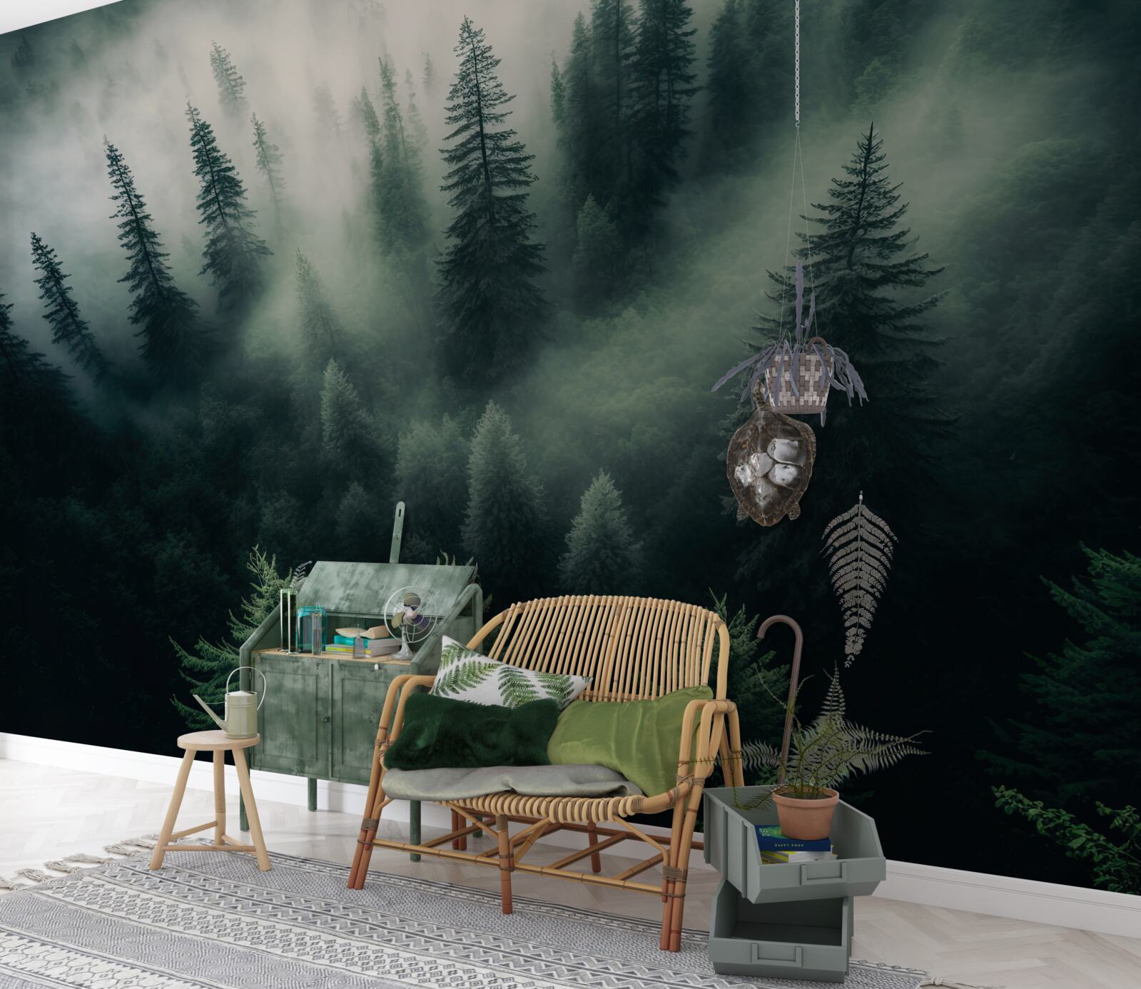 Fotobehang mist in een sombere dennenhoek