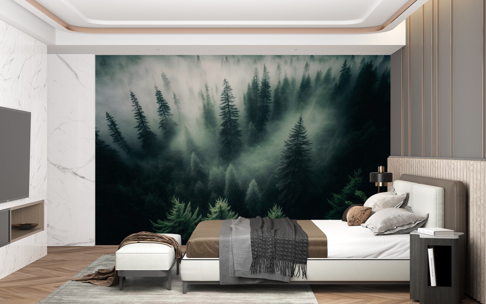 Fotobehang mist in een sombere dennenhoek