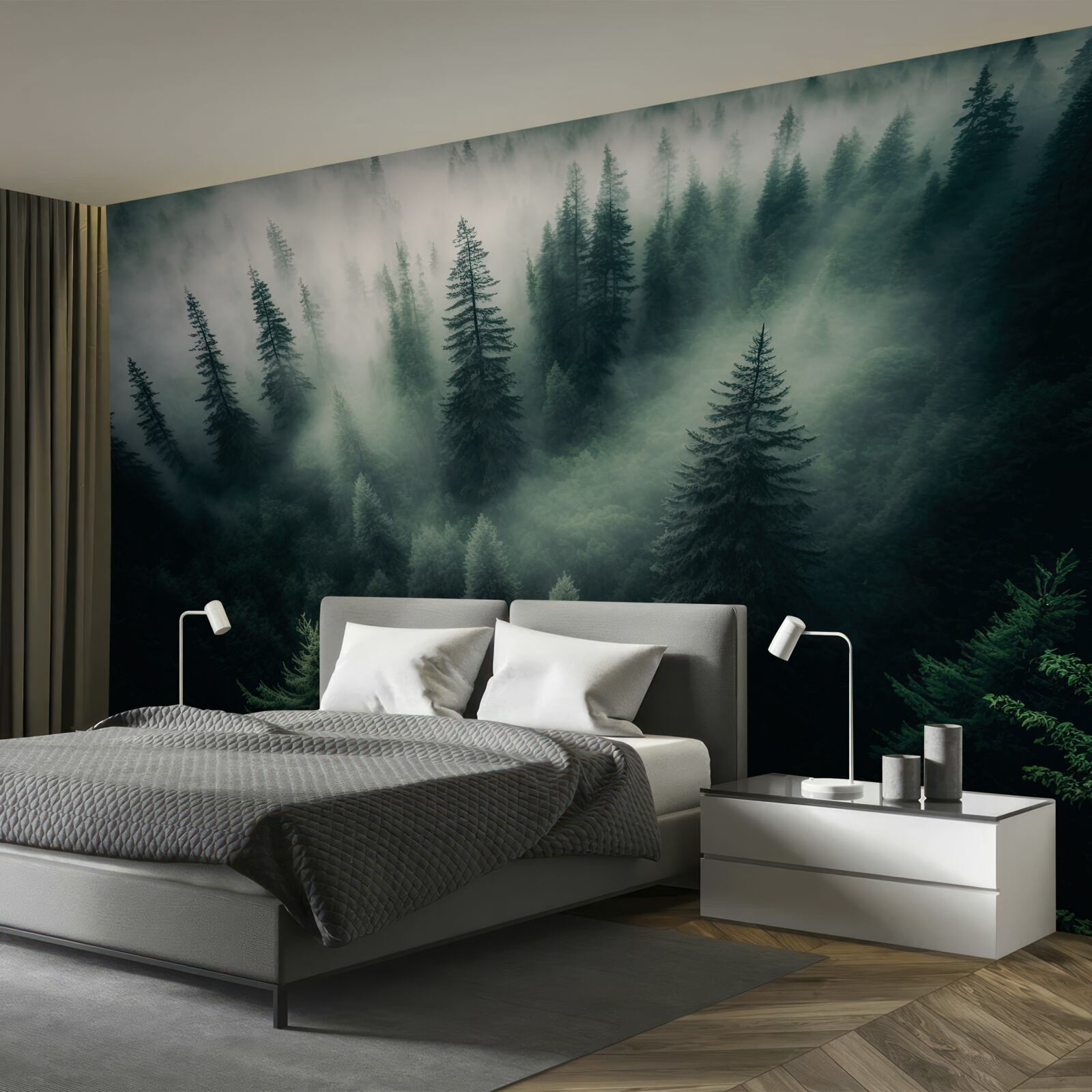 Fotobehang mist in een sombere dennenhoek