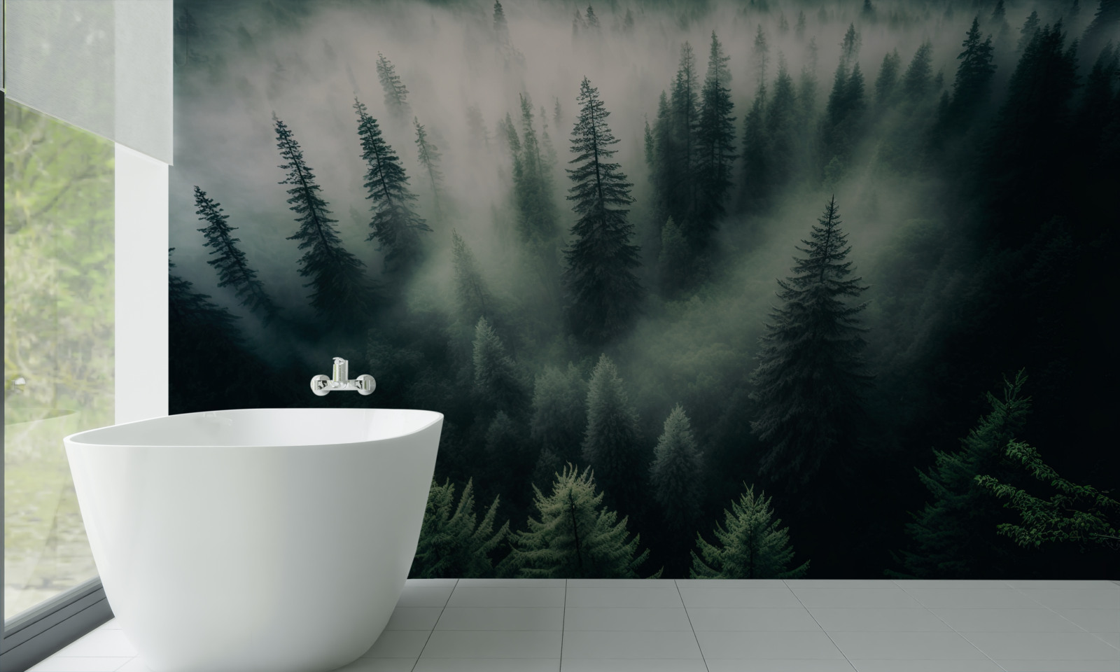 Fotobehang mist in een sombere dennenhoek