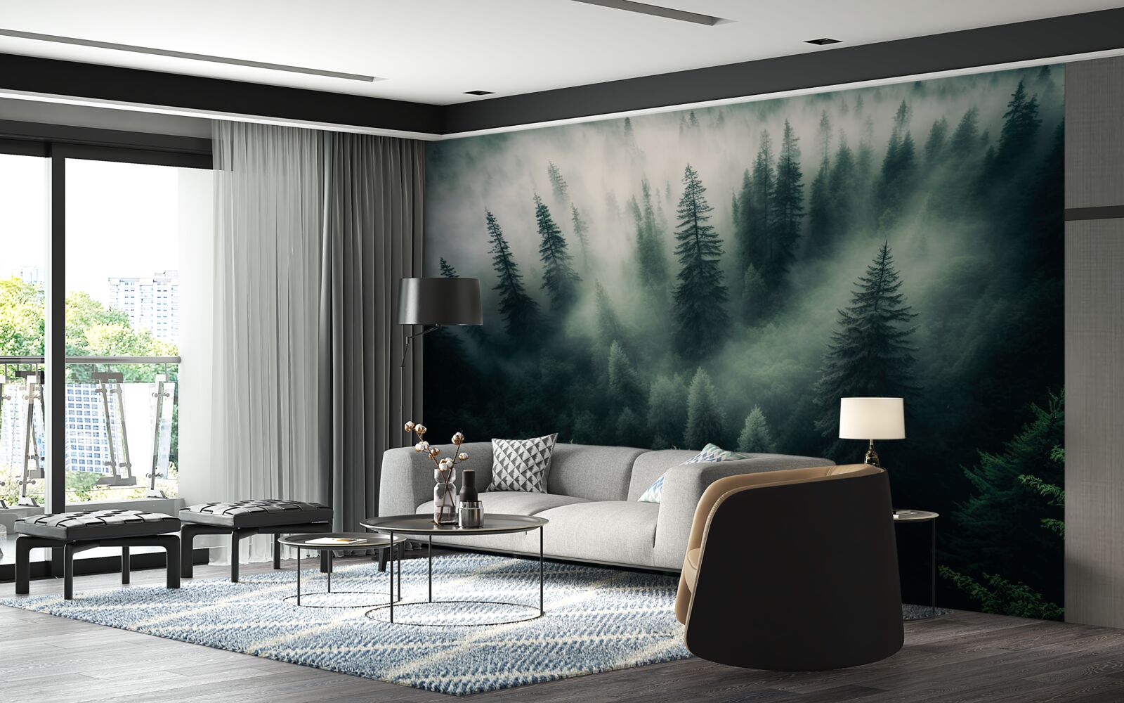 Fotobehang mist in een sombere dennenhoek