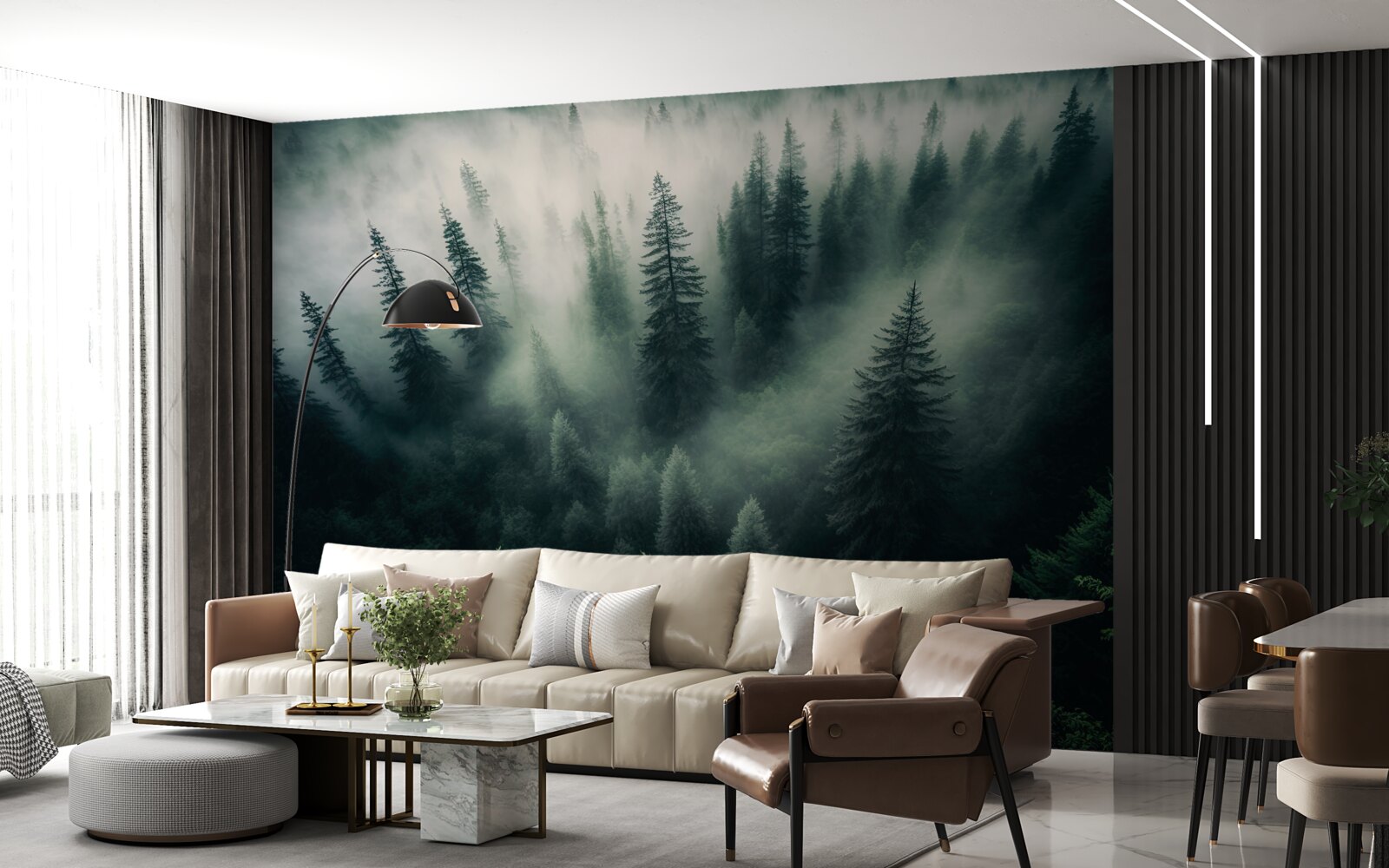 Fotobehang mist in een sombere dennenhoek