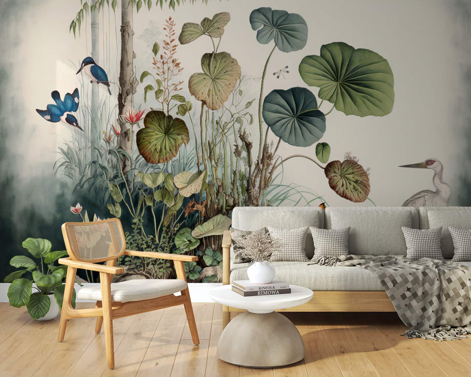 Fotobehang een eenzaam eiland in het meer waarop een kraan staat