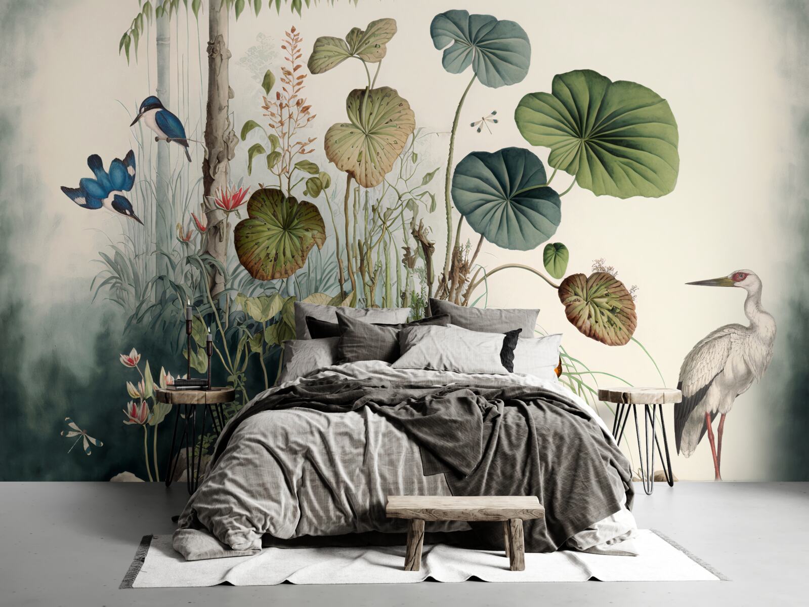 Fotobehang een eenzaam eiland in het meer waarop een kraan staat