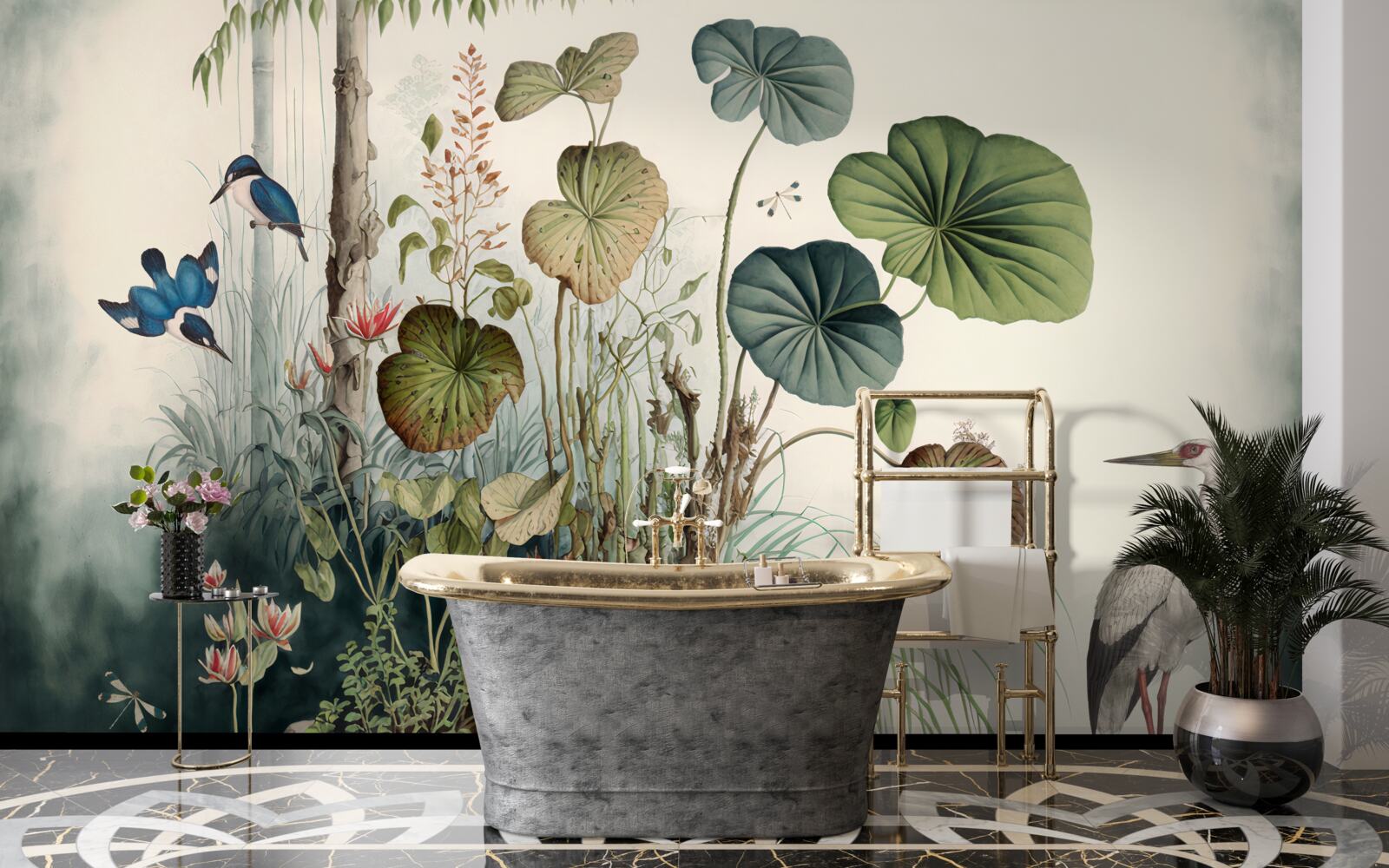 Fotobehang een eenzaam eiland in het meer waarop een kraan staat